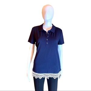 Tommy Hilfiger blue short sleeve button up shirt w/ lace on the bottom size L